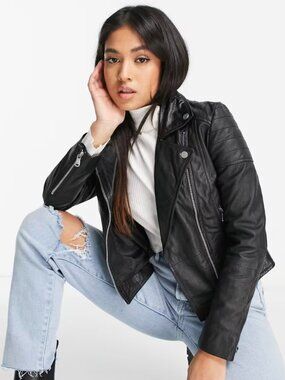 Barneys Originals Clara Leather Moto Jacket Black Size 10 Real Sheepskin